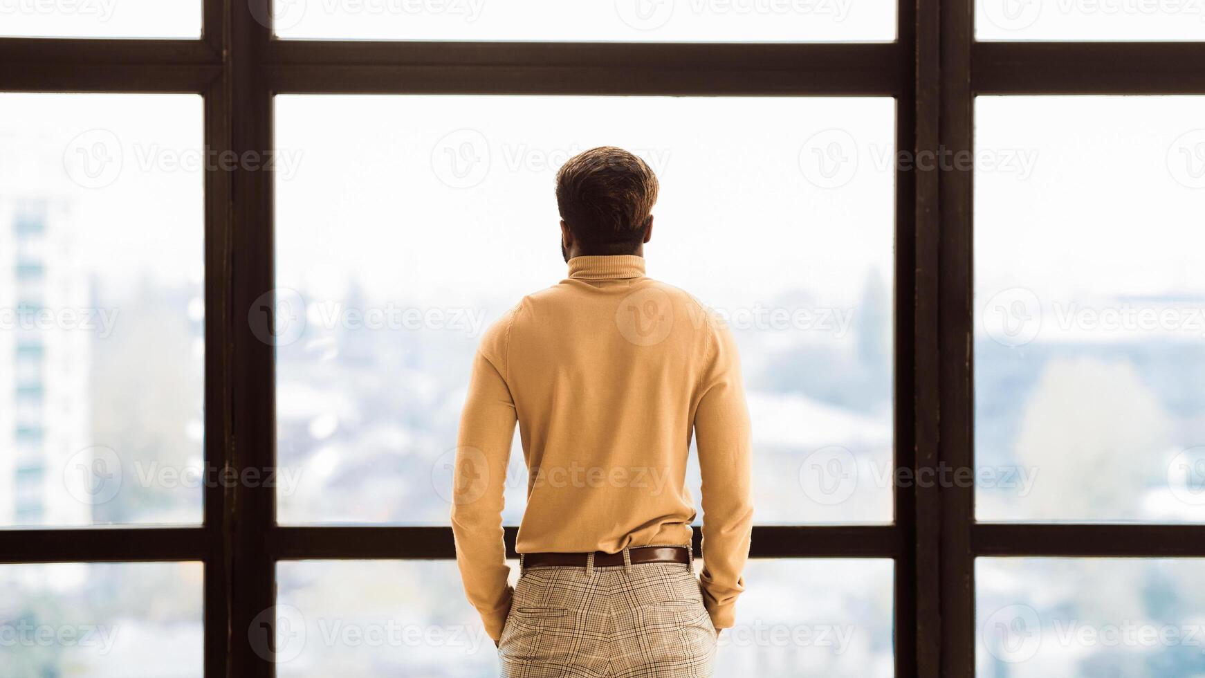 Contemplation. Back view of afro businessman standing by large window, looking at landscape, panorama, free space photo