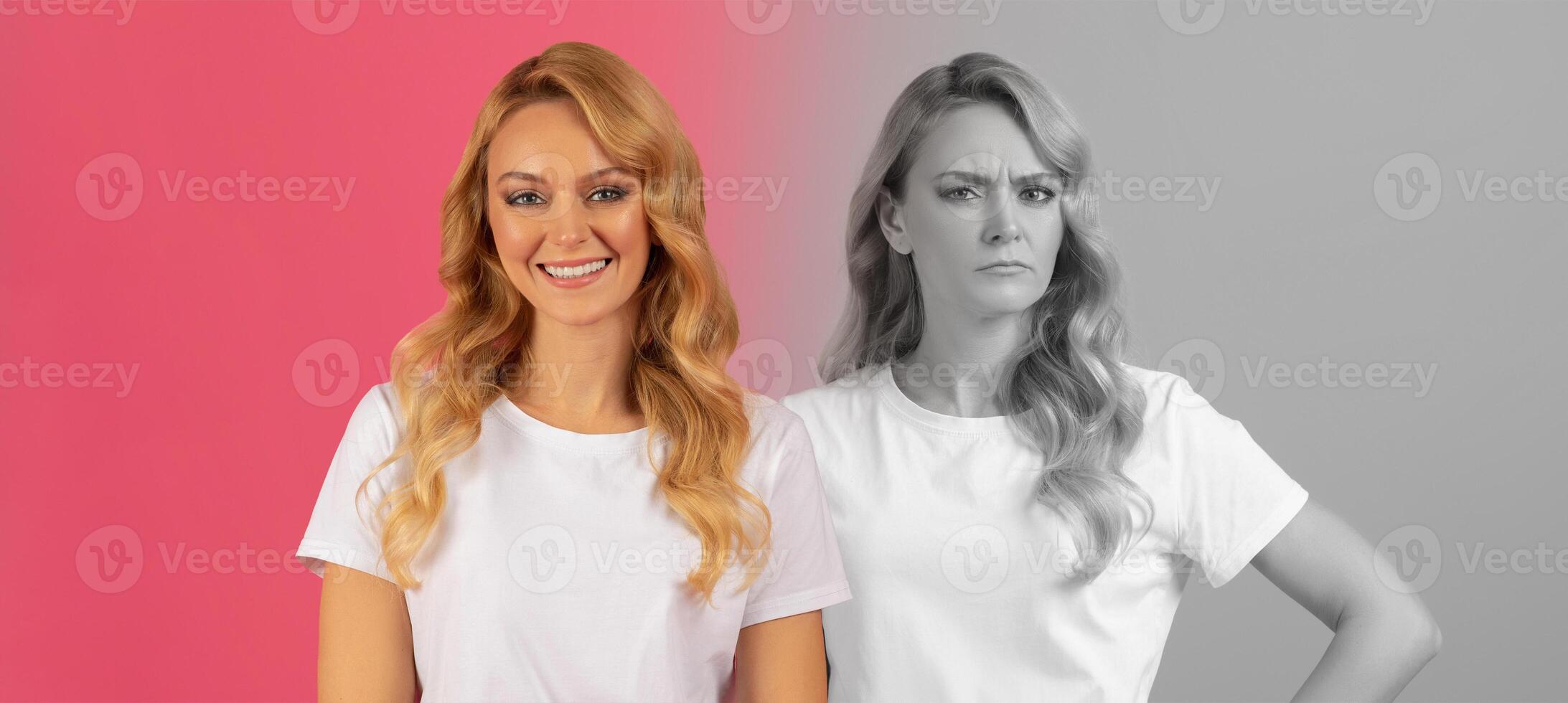 A woman stands confidently on left, showcasing a bright, cheerful expression, while on the right, her demeanor shifts to one of frustration or annoyance, set against a contrasting monochrome backdrop photo
