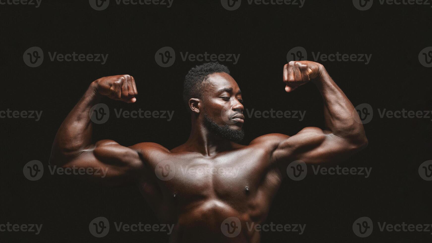 A muscular man flexes his biceps against a black background, showcasing his defined physique. photo