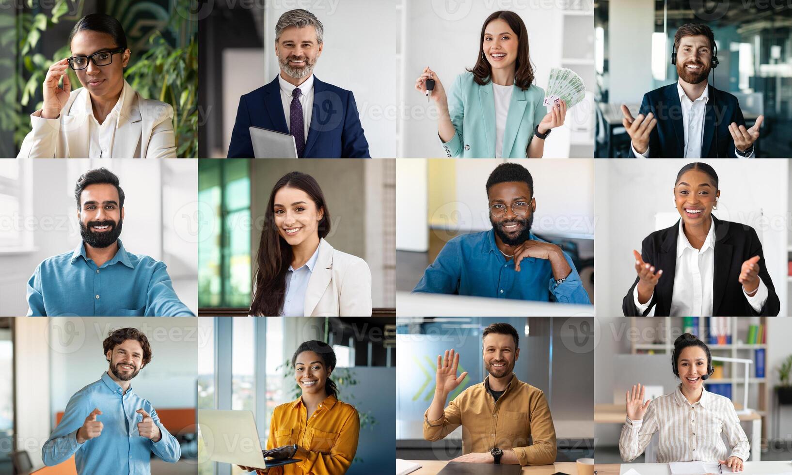 A diverse group of business professionals is interacting in a contemporary office environment. They engage in activities such as presenting, collaborating, and celebrating achievements photo