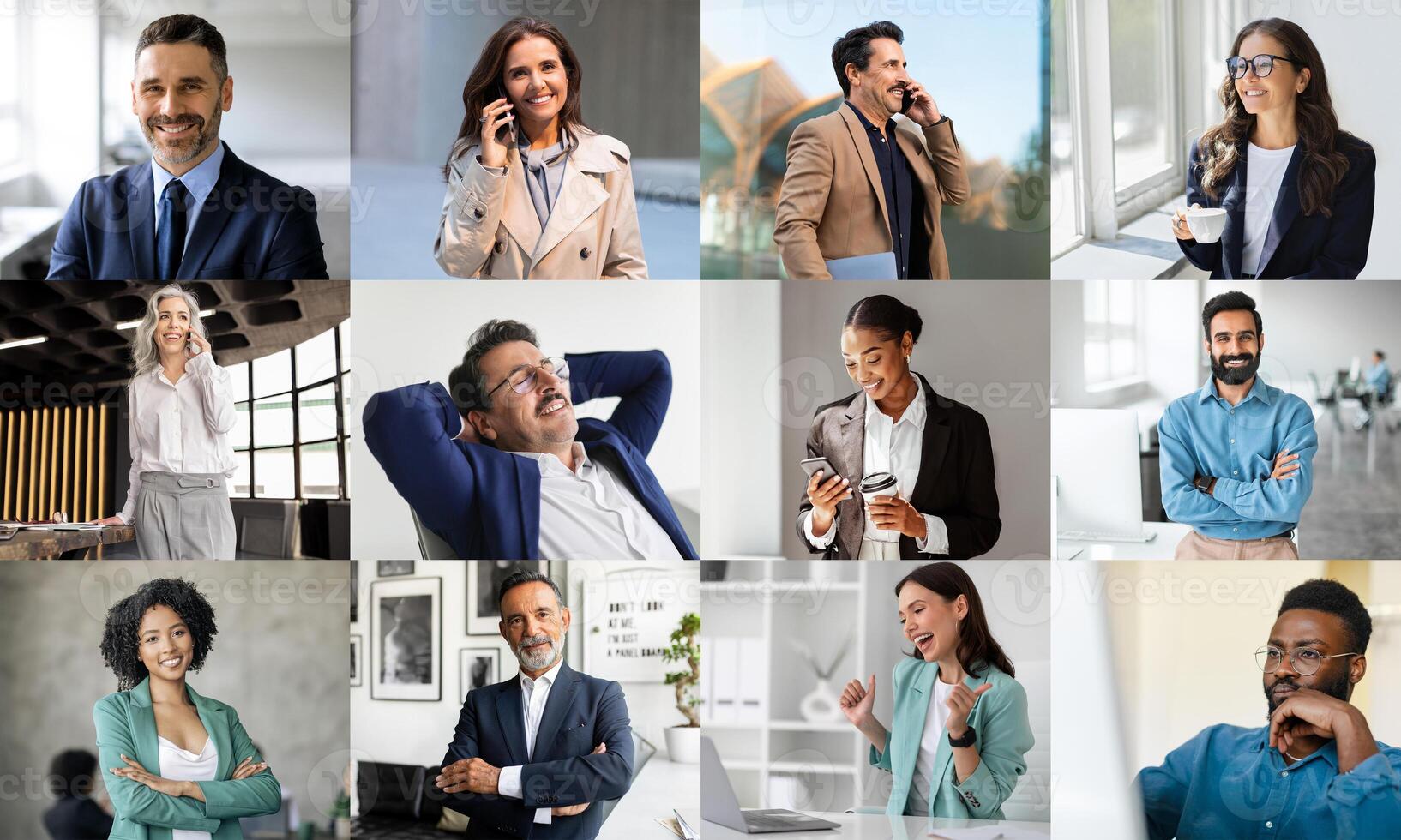 A diverse group of professionals is captured engaging in various activities within a modern office space. Some individuals are on phone calls, while others are enjoying beverages, working on devices photo