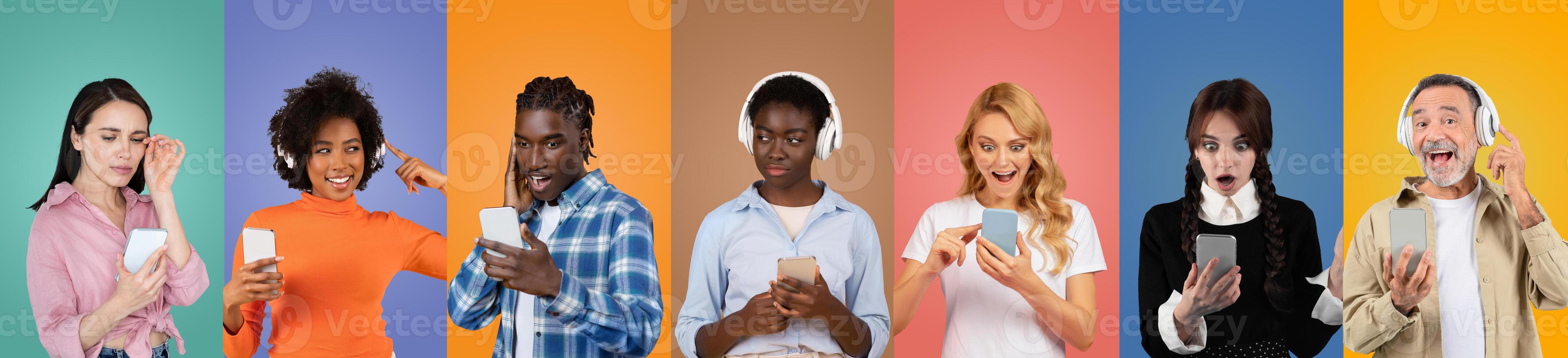A lively group of diverse people, each holding a smartphone and experiencing a range of emotions, stands against vibrant colored backgrounds. They seem fascinated and engaged. photo