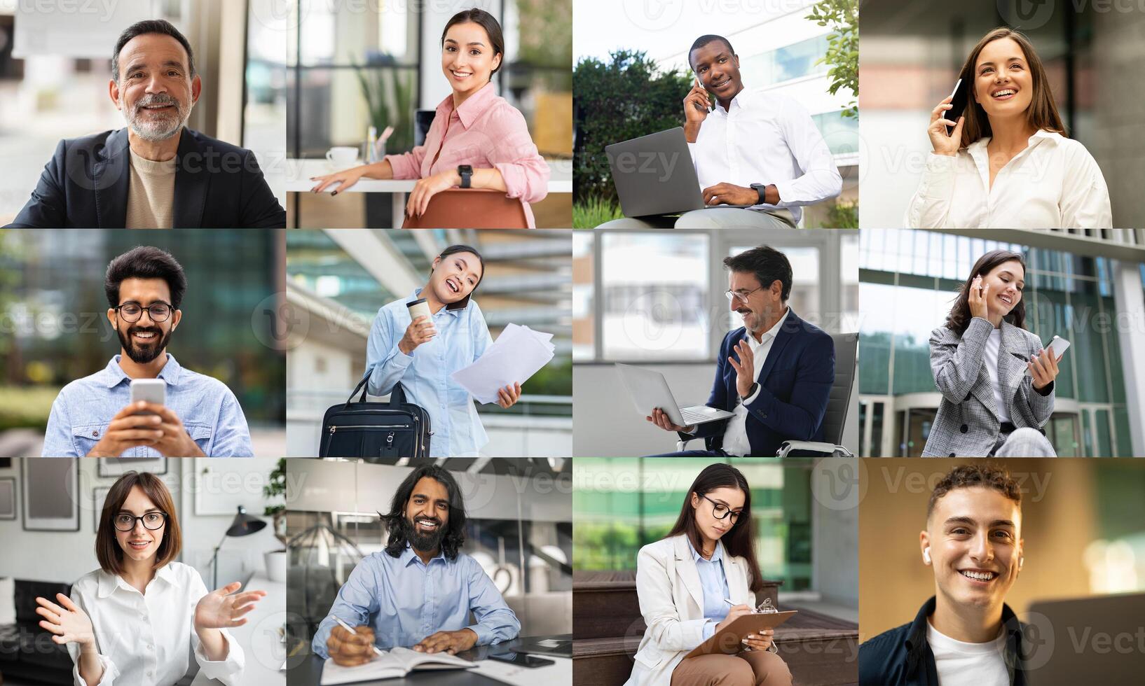A variety of professionals are depicted in a contemporary office environment, engaged in discussions and working diligently. Some individuals talking on mobile phones, while working on laptops photo