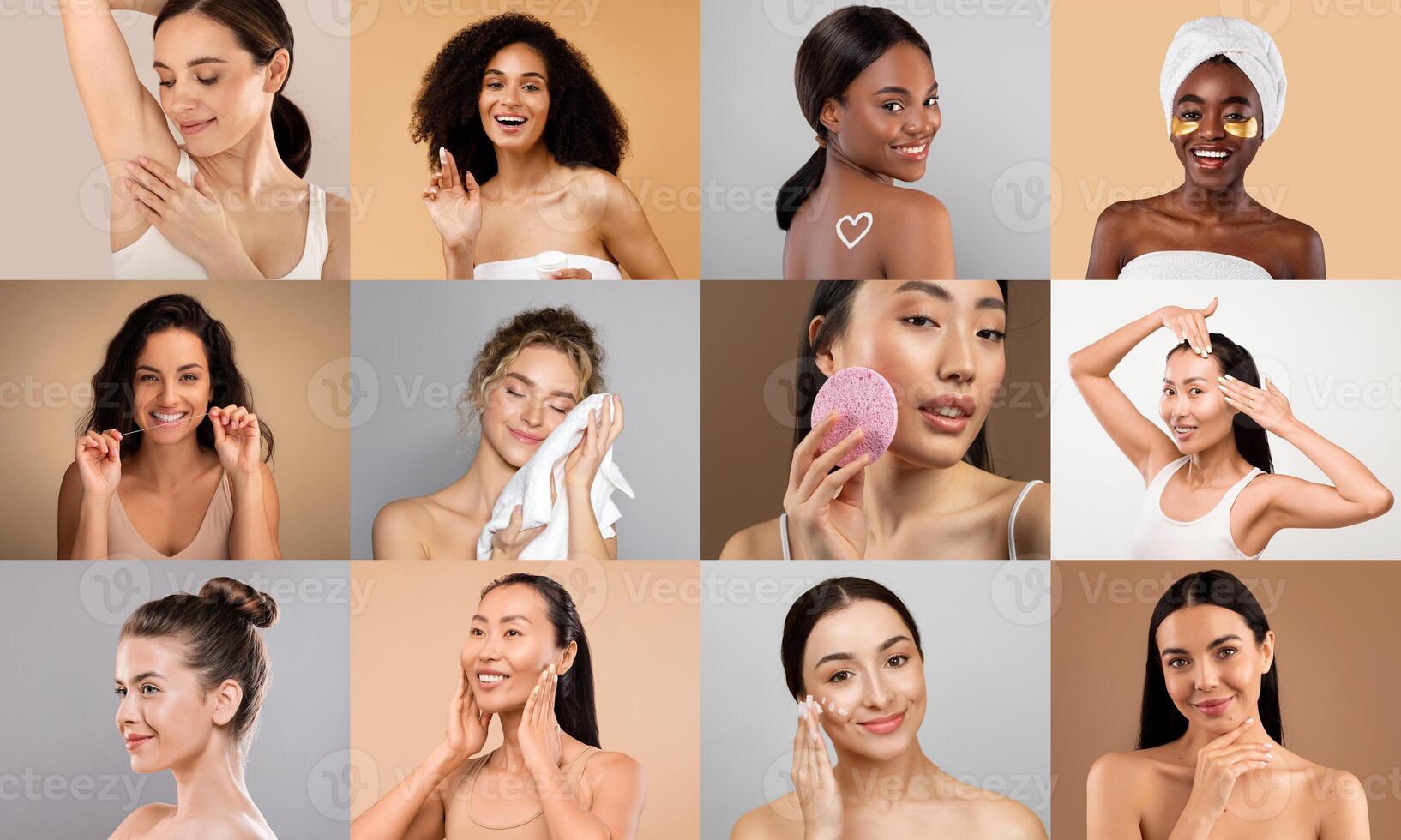 Featuring women with diverse skin tones, this collage captures the joy and serenity of their skincare routines in a light, airy studio space. photo