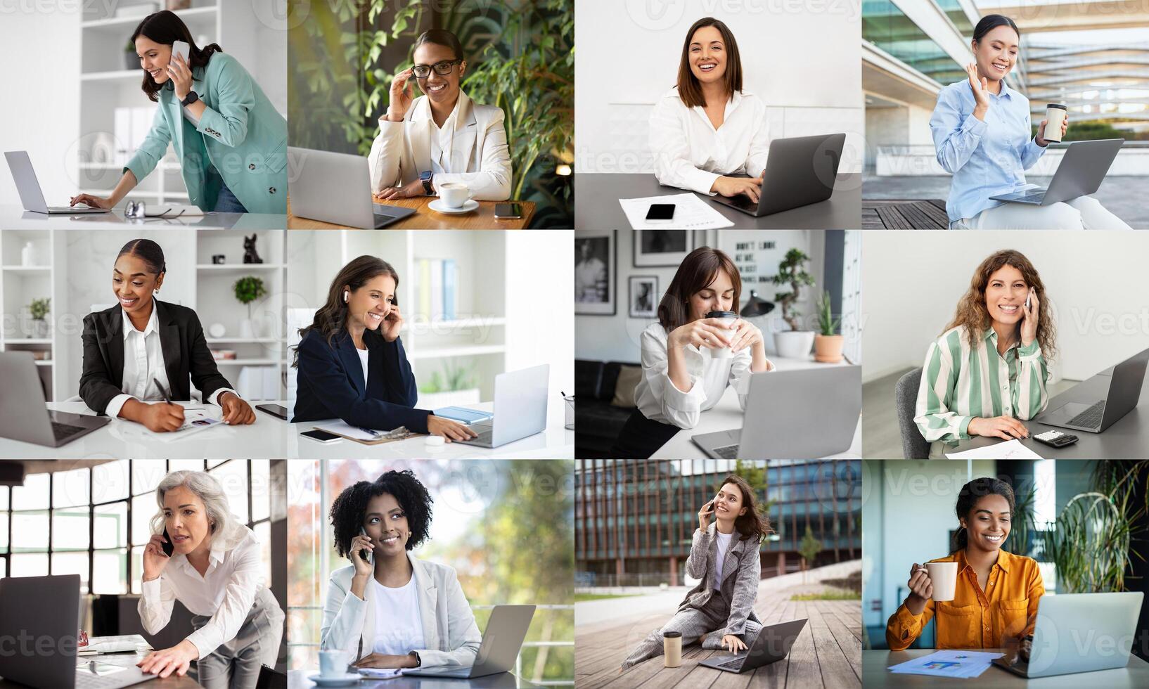 A varied group of women interacts with technology while working remotely, showcasing their dedication and professional engagement. Some are on phone calls, others focus on their laptops photo