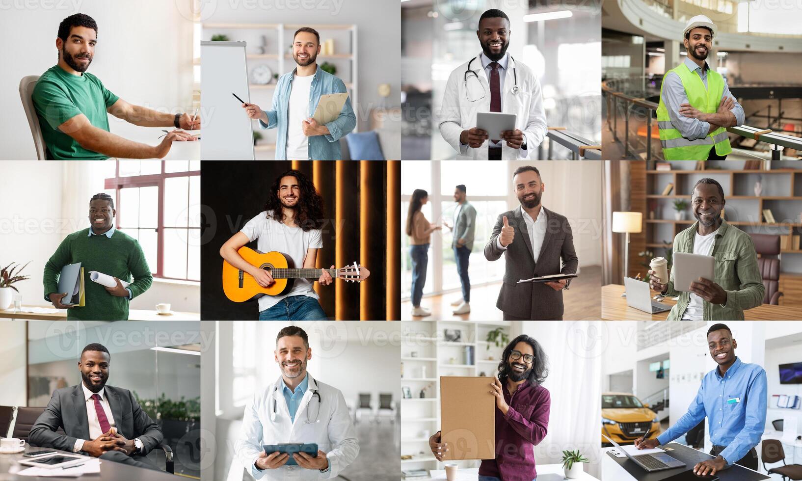 A collage of twelve men of diverse ethnicities working in a variety of professional settings, including office environments, a construction site, and a medical office photo