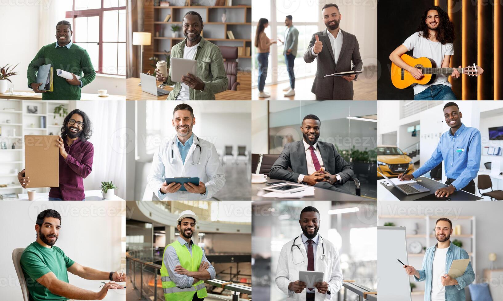 This image showcases a diverse group of professionals in various work settings. Each individual is shown in a different profession, including a doctor, musician, engineer, businessman, and teacher photo