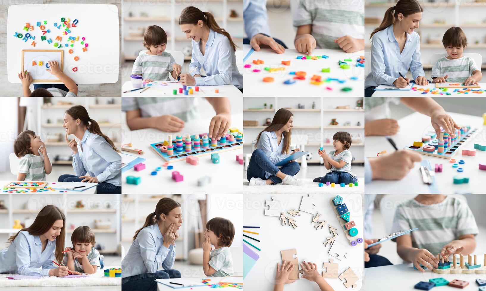 A collage of images depicting a young child learning with a teacher in a classroom setting. The child is engaged in various activities, including writing on a whiteboard, building with blocks photo