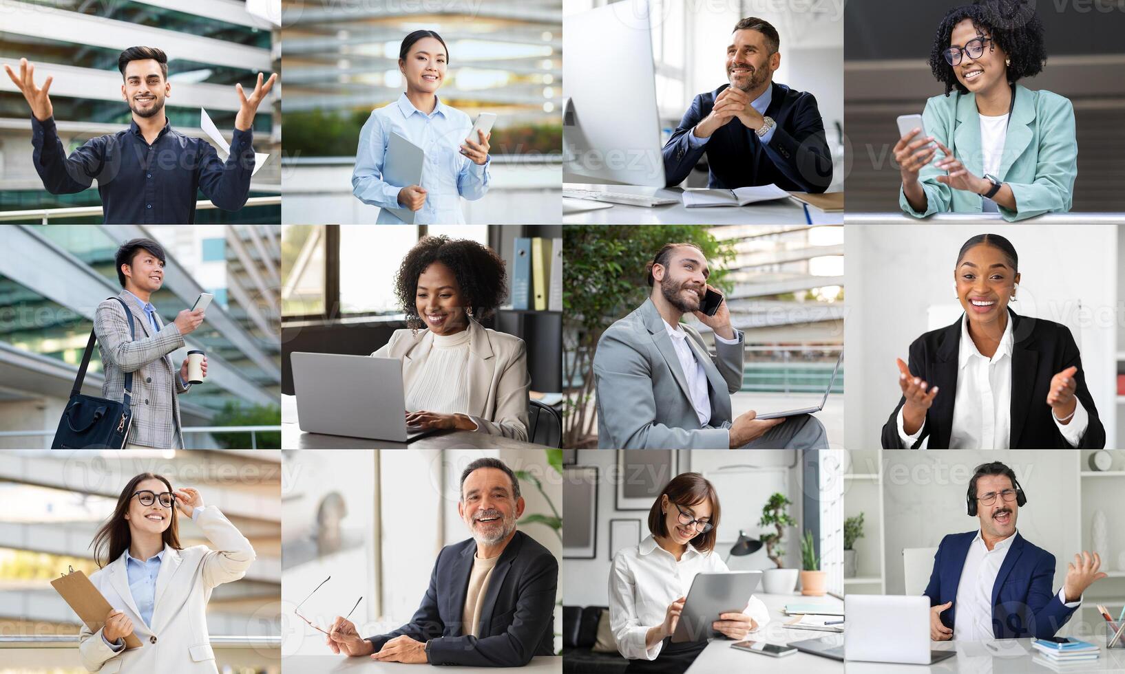 A diverse group of professionals is actively engaged in different tasks within contemporary office environments. Individuals can be seen presenting ideas, working on laptops, participating in meetings photo