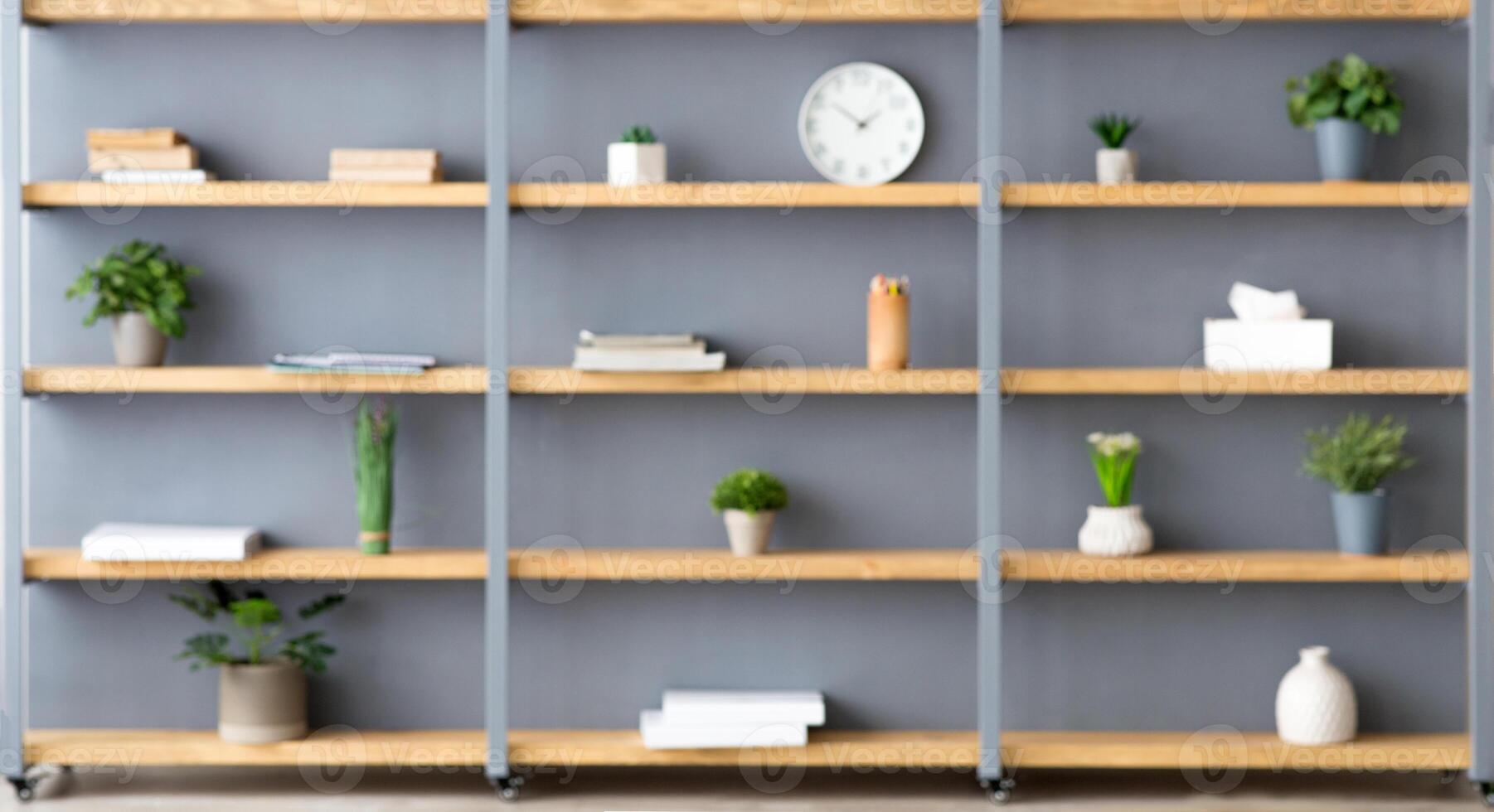 Parlor, office and simple home interior. Shelves with plants in pots, accessories, decor elements and clock on gray wall background in contemporary interior at flat, flat lay, copy space, nobody photo