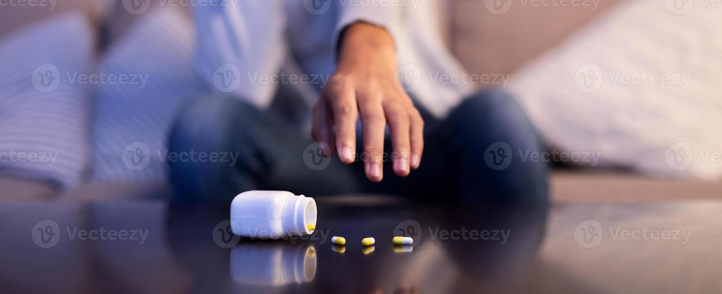 Female hand reaching painkiller capsules, suffering from depression or having headache, panorama photo