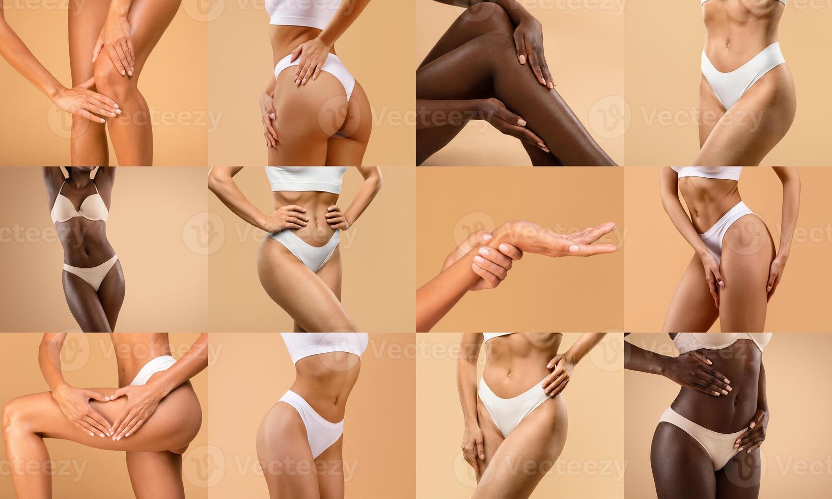 Women in lingerie showing various skincare routines and body pampering techniques in a collage layout, set of cropped photos on studio backgrounds