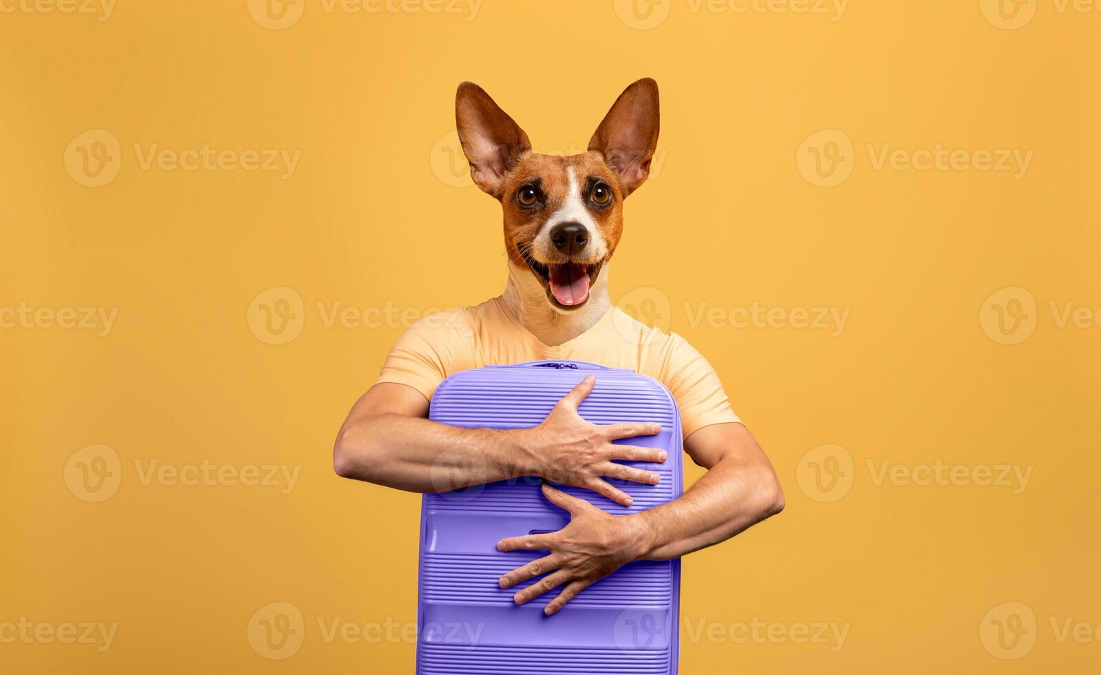 A dog with a human body and a suitcase stands against a yellow background. He is holding the suitcase to his chest with both arms. photo