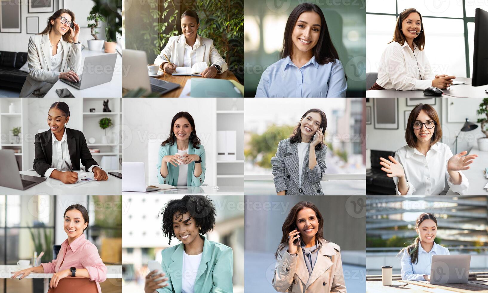 A group of professional women of different backgrounds is shown working in a bright, contemporary office space. They are engaged in various activities, including conferencing, writing photo