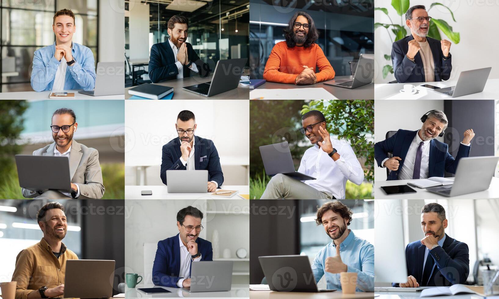 Men are actively participating in online meetings within a contemporary office setting. Each individual is engaged with their laptop, showcasing a range of expressions from joy to determination photo