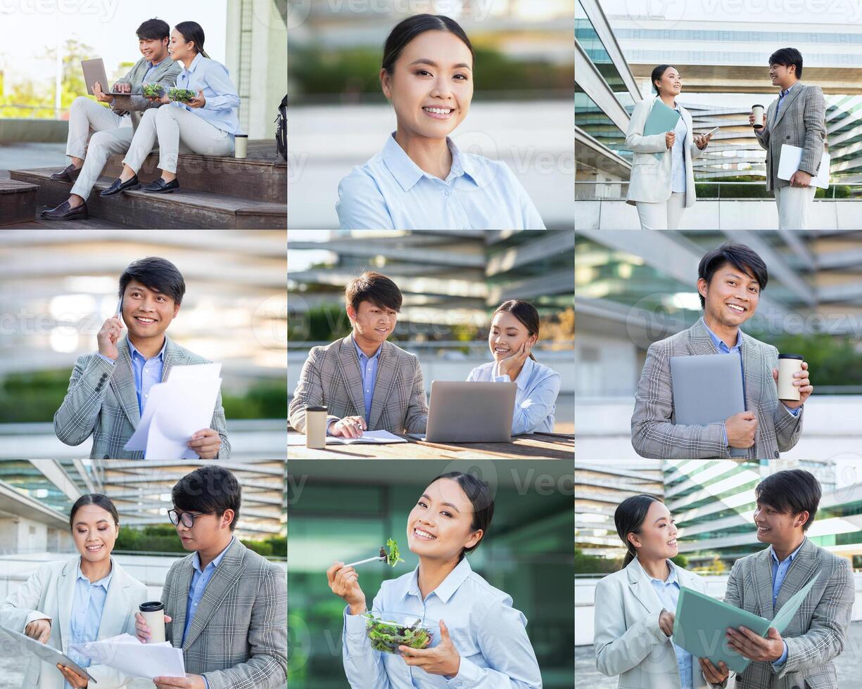 A group of young professionals is engaged in discussions, working on laptops, and enjoying meals in an open, contemporary environment. They share ideas and collaborate photo