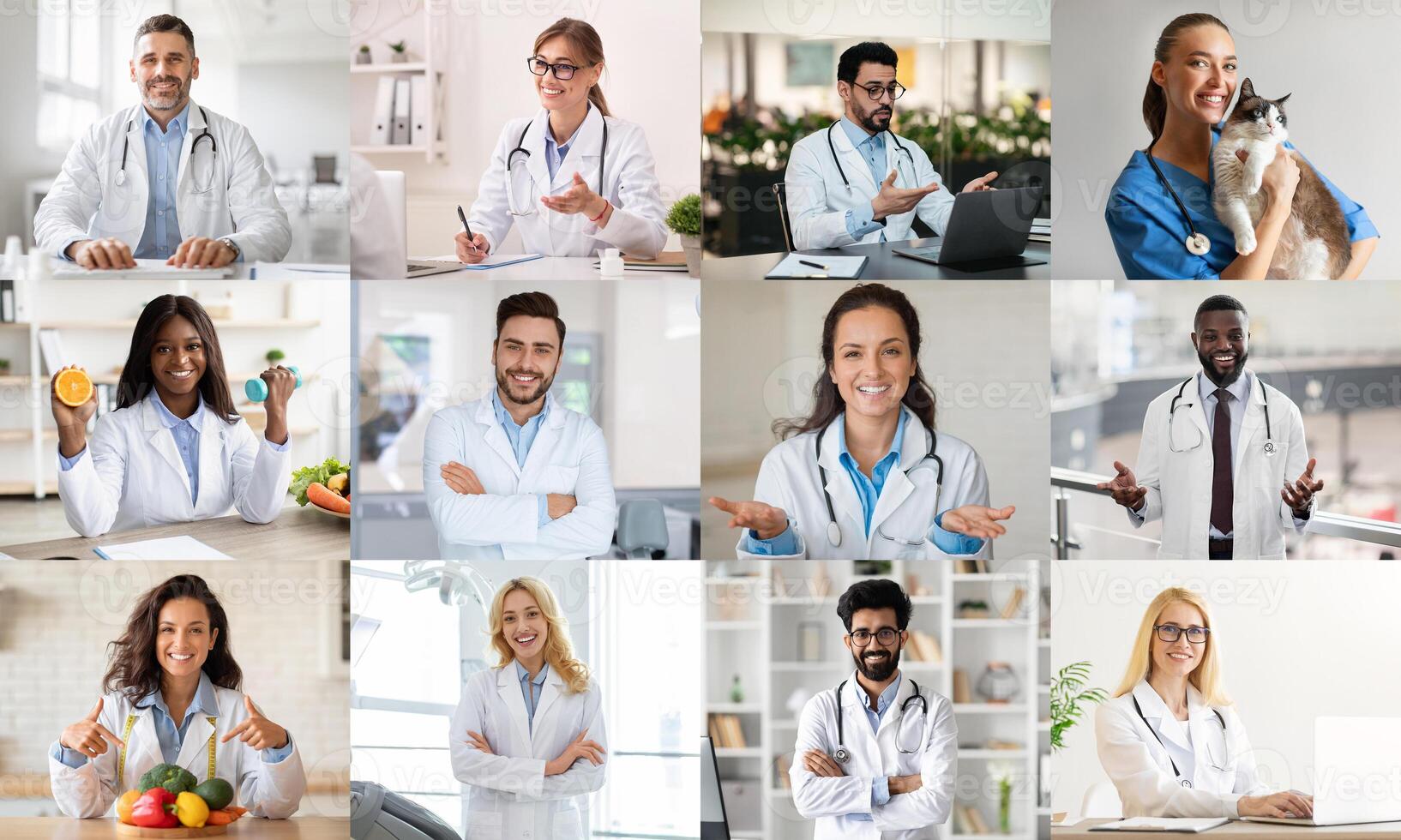 A diverse group of doctors in white coats, each posing in their own way, with some holding medical supplies, others showing off healthy foods, and some interacting with patients. photo