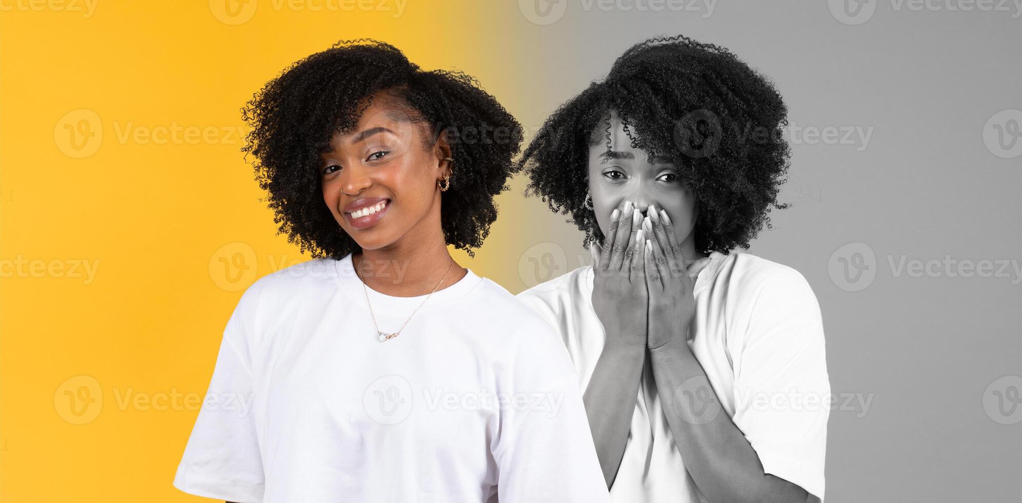 A young Black woman radiates joy with a bright smile on one side while showing a surprised expression with her hands covering her mouth on the other photo