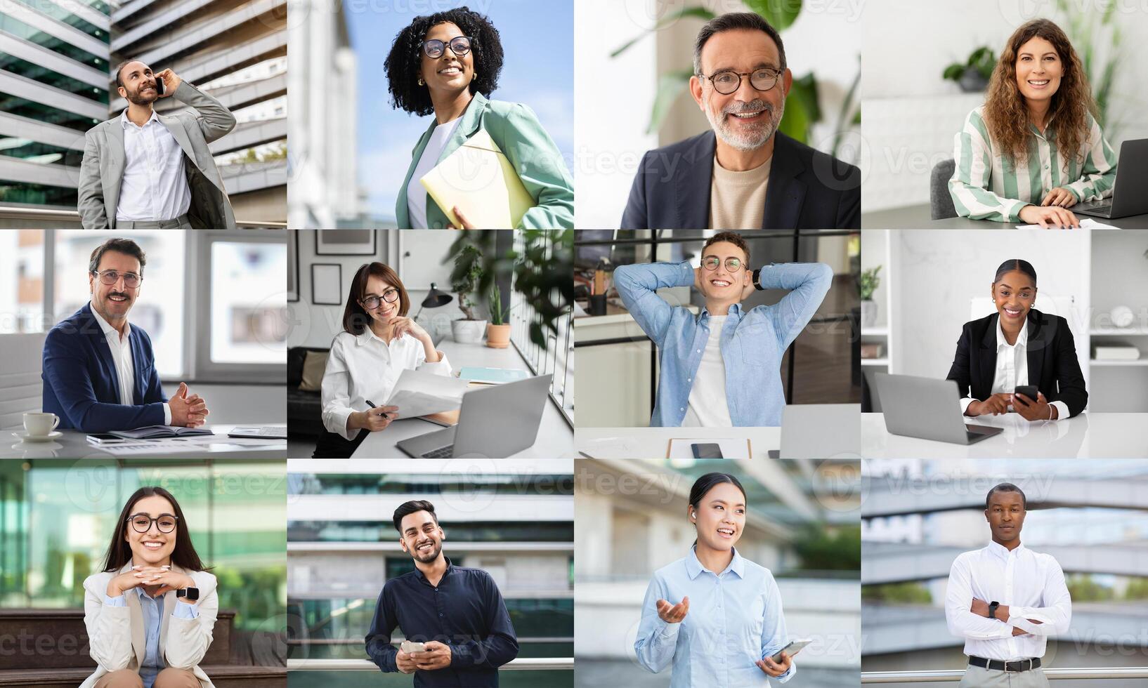 A lively assortment of professionals is depicted, showcasing collaboration, creativity, and productivity in bright and modern office environments. Individuals are engaged in discussions photo