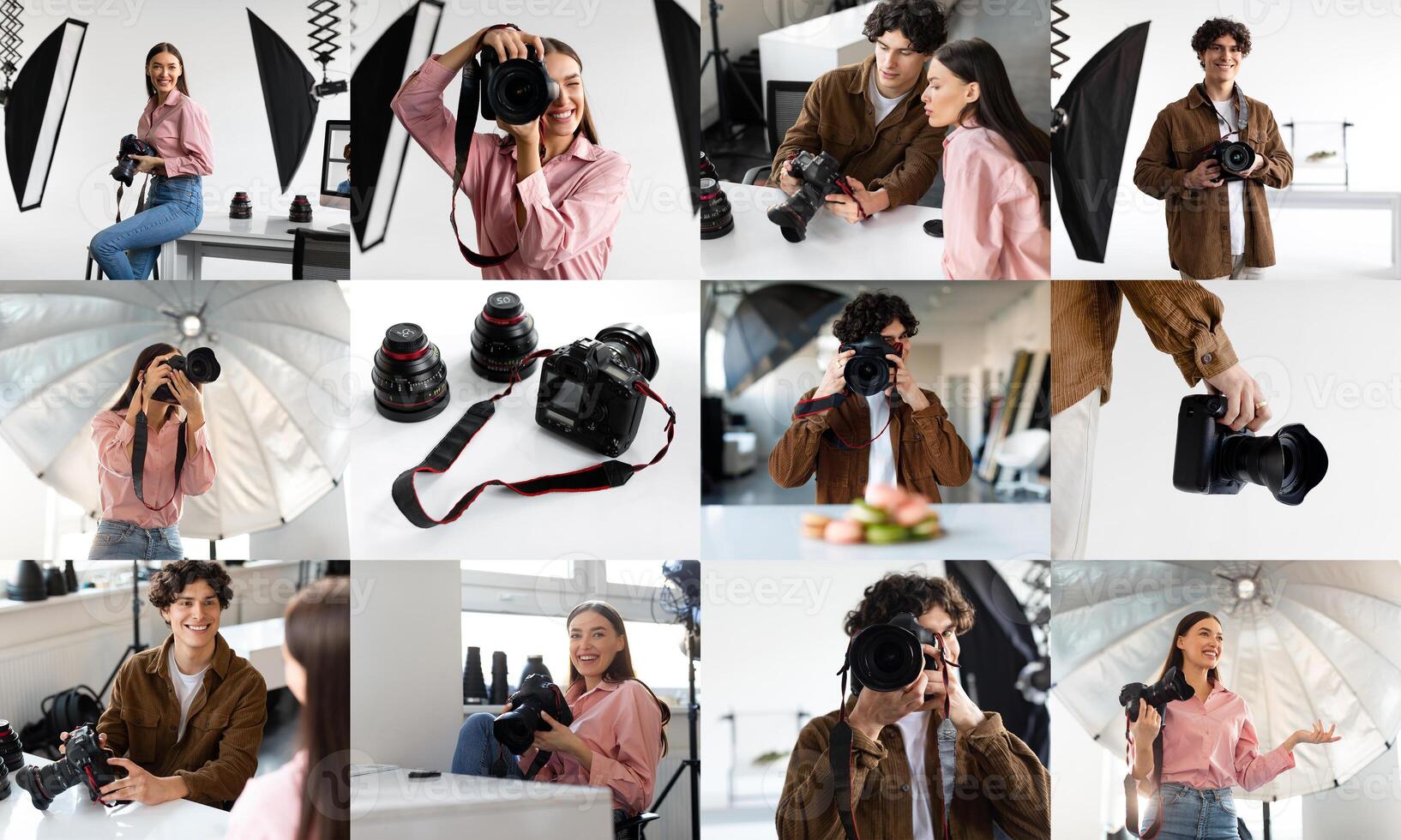 A group of young adults are posing with cameras in a studio environment. They are using various lighting equipment, including a large softbox and reflectors, to create different lighting effects photo