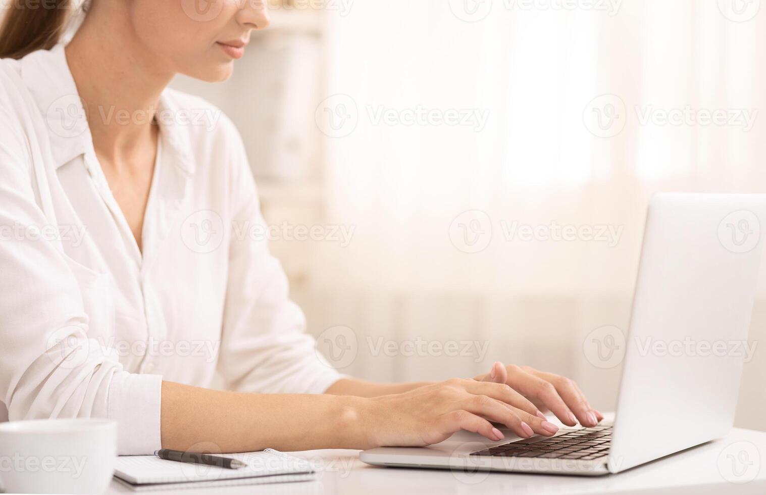 Writing Blog. Unrecognizable Woman Using Laptop Typing Article For Website Working In Office. Cropped photo