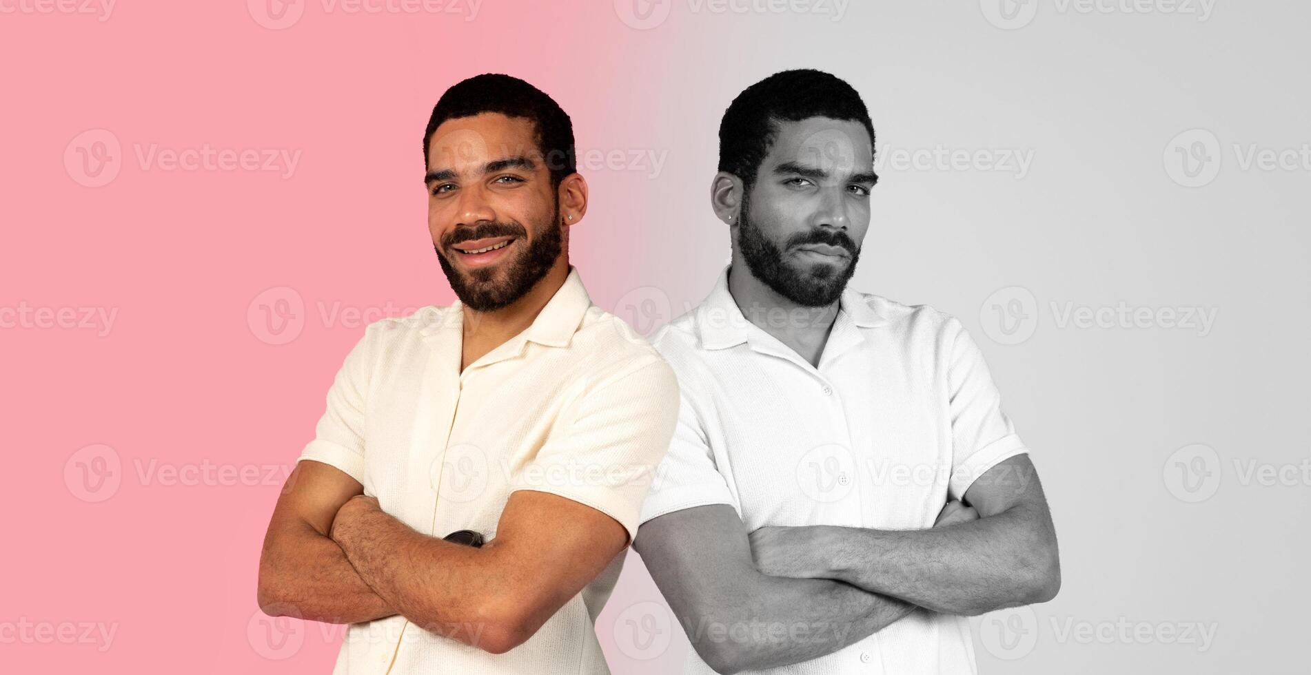 A young man stands confidently with his arms crossed, showcasing two contrasting styles. The left side features vibrant colors while the right side presents a classic black-and-white look photo