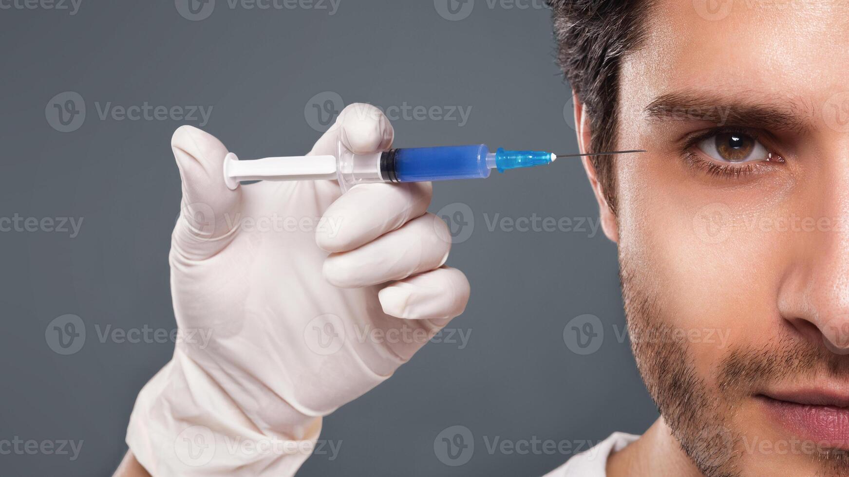 Face Injection. Close Up Of Beautician Doing Hyaluronic Acid Injection On Handsome Man Skin, panorama photo