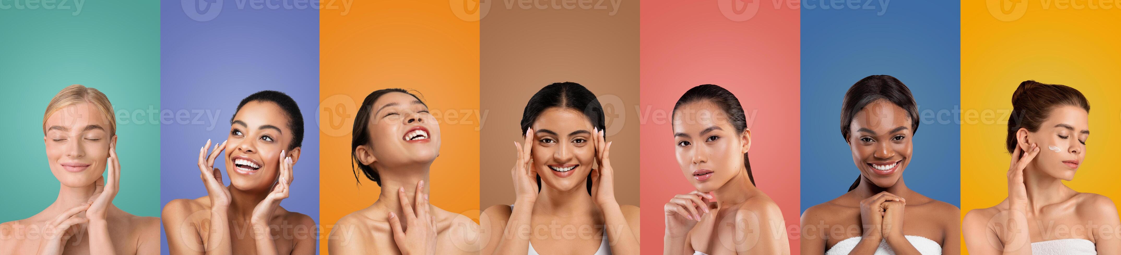 Seven multiethnic women are shown in a studio setting, each with a colorful background behind them. They are all smiling and touching their faces with their hands. photo