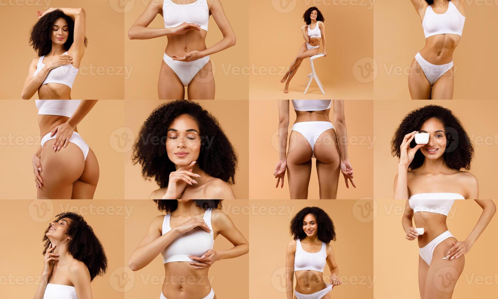 African American woman in white lingerie demonstrating different skincare and grooming activities, including shaving, brushing, and exfoliating, against a beige background. photo