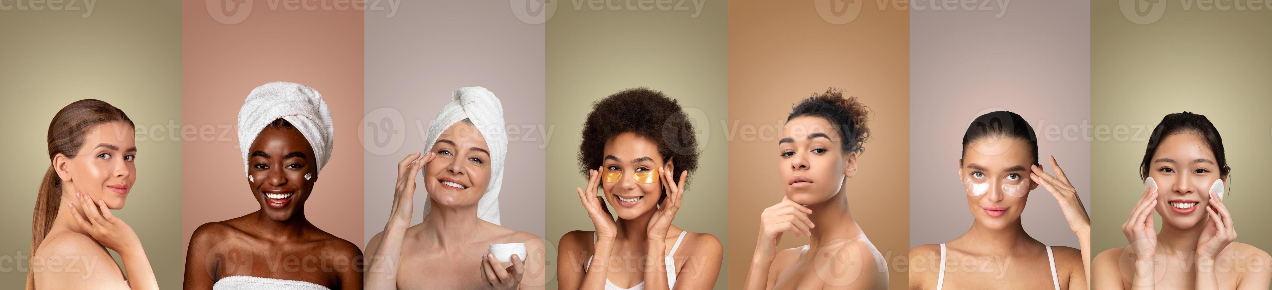 Seven multiethnic women are shown in a bathroom setting, applying various beauty products to their faces, such as face masks, creams, and under-eye patches. photo
