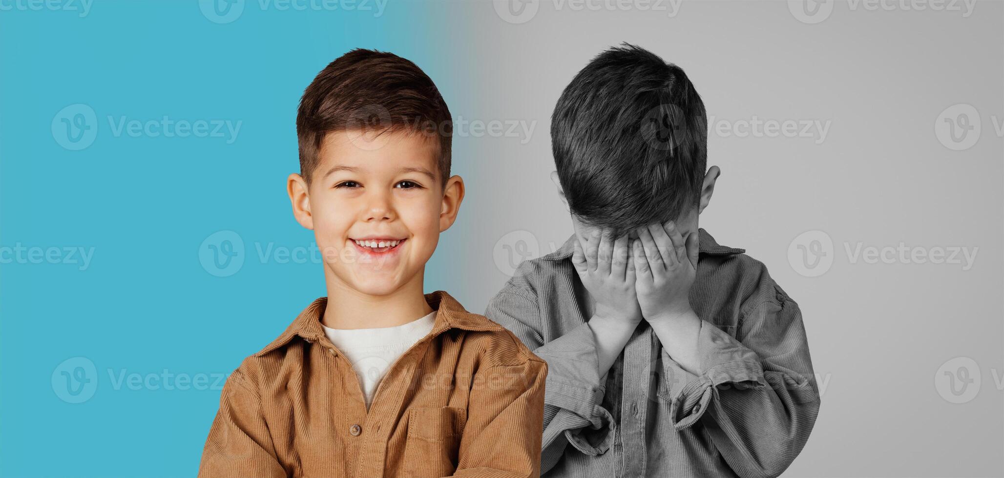 A young child stands confidently on one side, displaying a bright smile, while on the other side, the same child covers their face, indicating sadness. photo