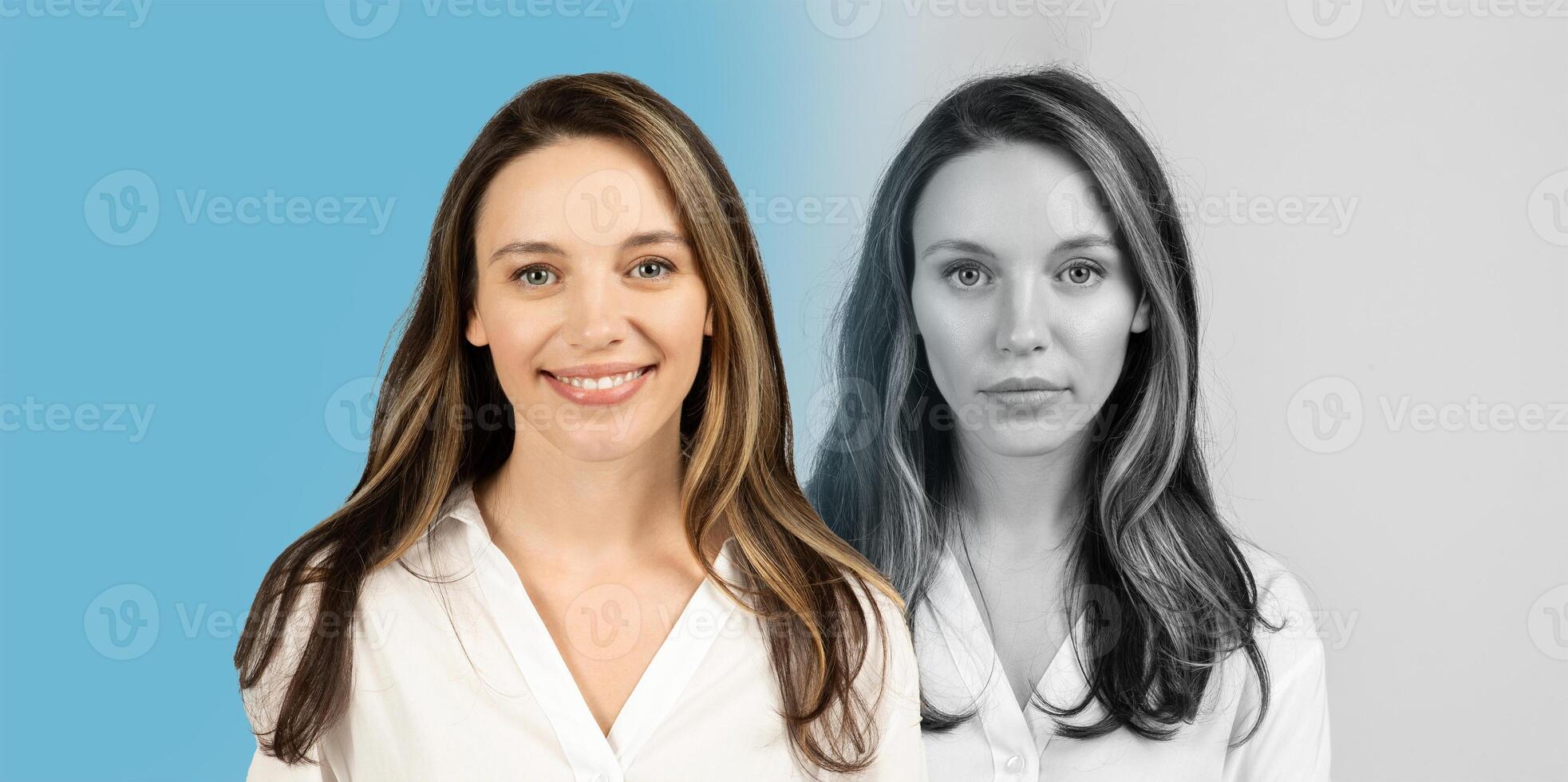A young woman stands confidently with a warm smile. The background features a vibrant blue gradient on one side, contrasting with a monochrome effect on her other half. photo