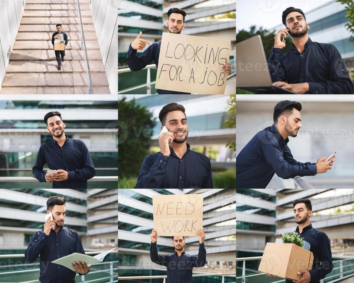A young professional is actively seeking employment through various methods in a contemporary urban environment. The individual is seen using a laptop, making phone calls, holding a sign photo