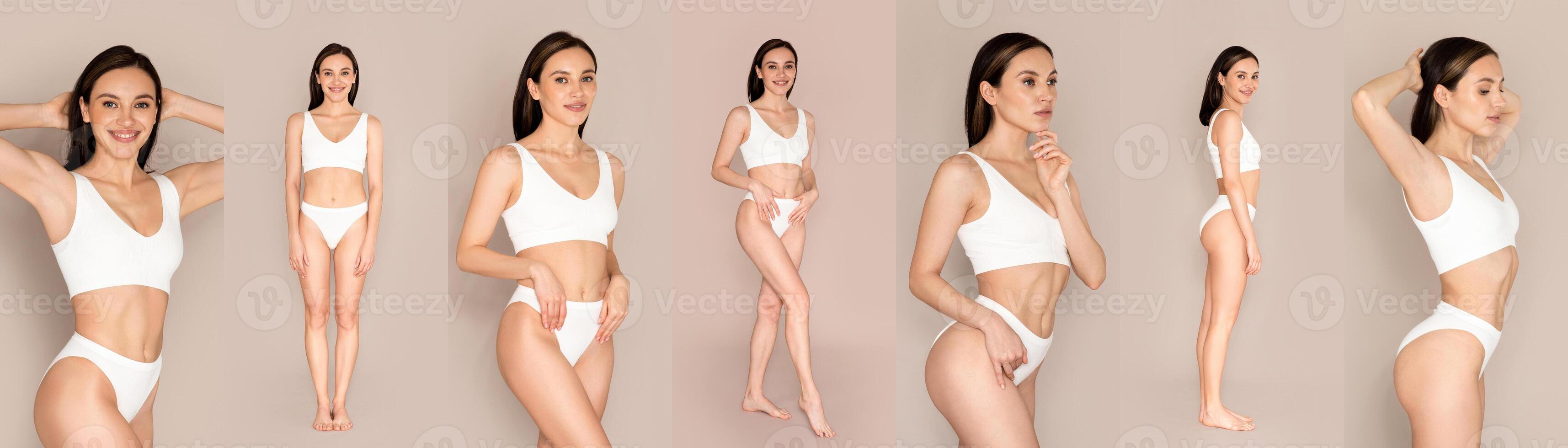 Young lady in white lingerie posing with different facial expressions and body language against a gray background. photo