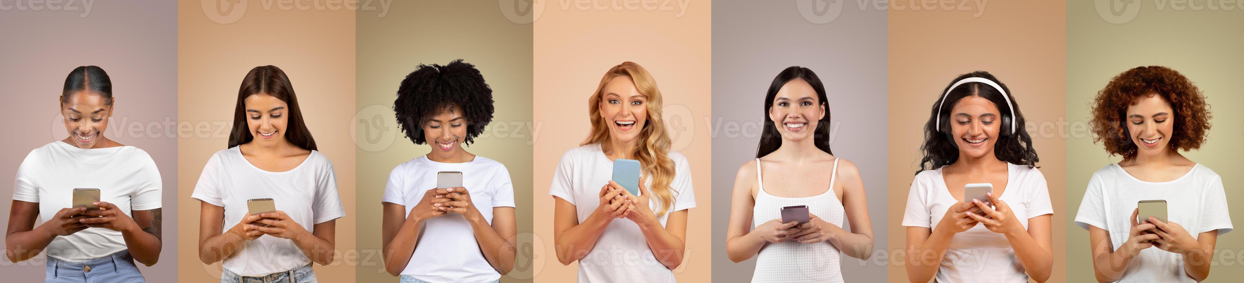 A diverse group of women smiles while using their smartphones. Each woman has a unique hairstyle and is dressed casually. The vibrant backdrop enhances their joyful expressions. photo