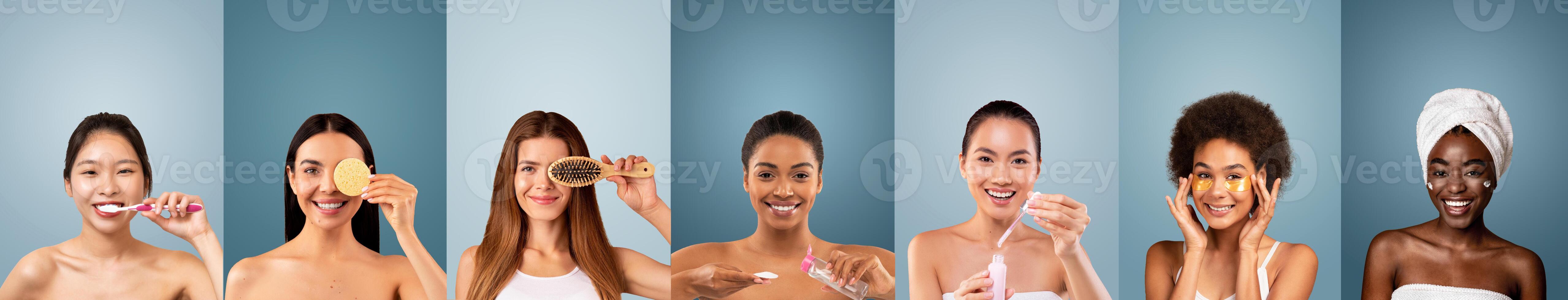 A group of six diverse women are pictured against a light blue background, each smiling as they perform different aspects of a daily skincare routine. They are applying makeup, brushing their teeth photo