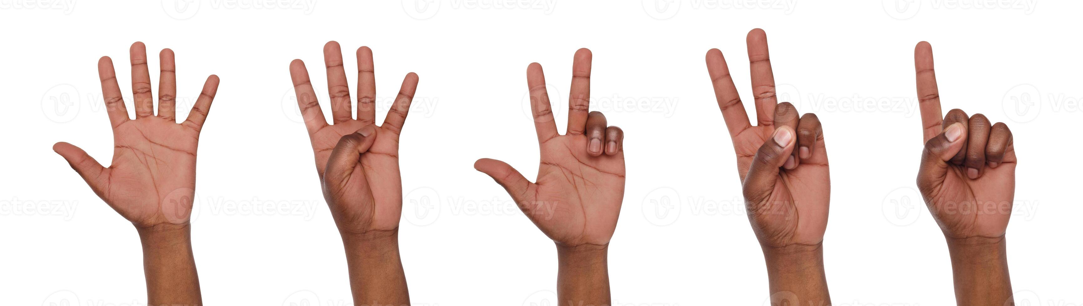 Set of african american male hand show counting one, two, three, four, five. Isolated at white background photo