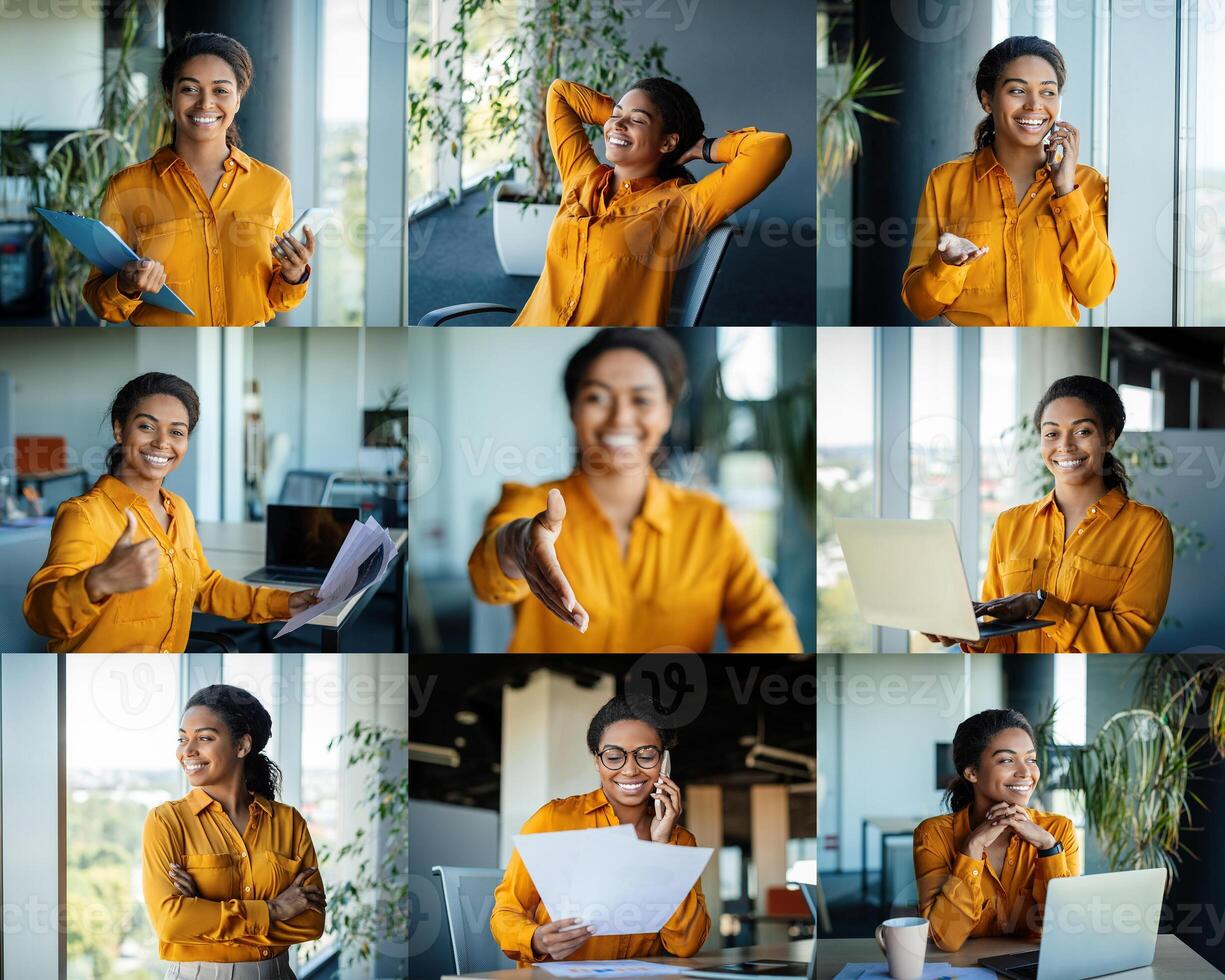 A professional black woman is seen actively participating in multiple tasks within a contemporary office environment. She is smiling while on the phone, reviewing documents photo