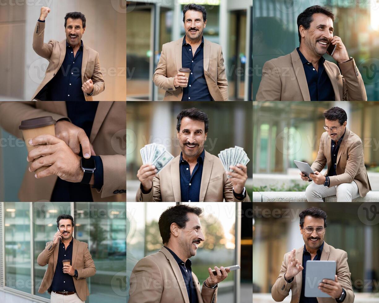 A businessman expresses joy as he raises his fist in celebration while holding a coffee cup. He engages in phone conversations and shows off cash and a tablet at a modern urban setting. photo