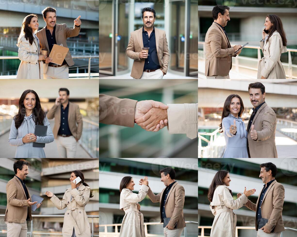 Two business partners are engaged in various activities on a rooftop terrace, exchanging ideas and shaking hands. They appear animated and enthusiastic as they discuss their project. photo