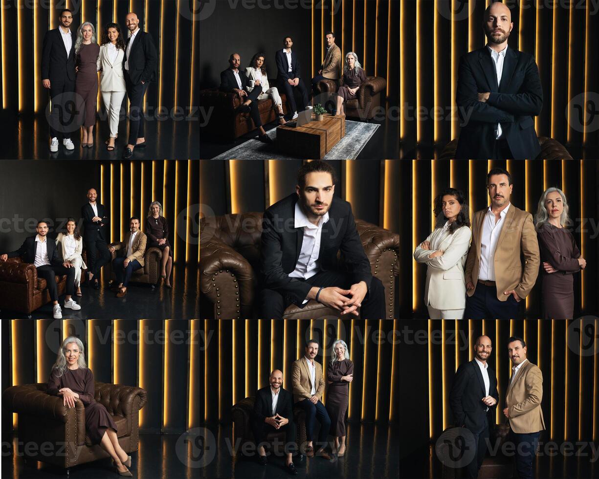 A diverse group of professionals, dressed in stylish attire, is gathered in a modern studio. They are posing confidently, showcasing a range of expressions and interactions photo