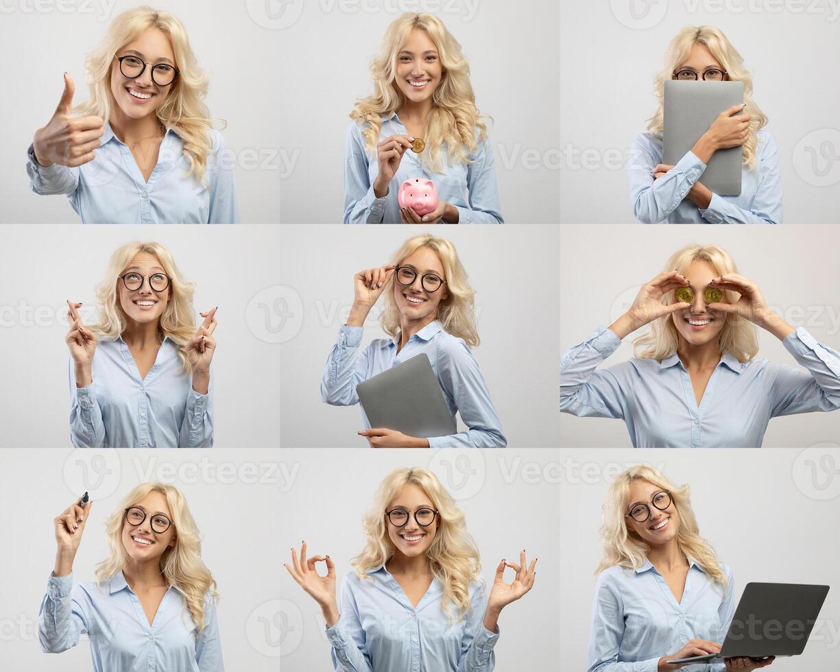 A cheerful young woman showcases a range of positive gestures and expressions in a studio setting. She holds a tablet and a piggy bank while smiling, emphasizing joy and enthusiasm. photo