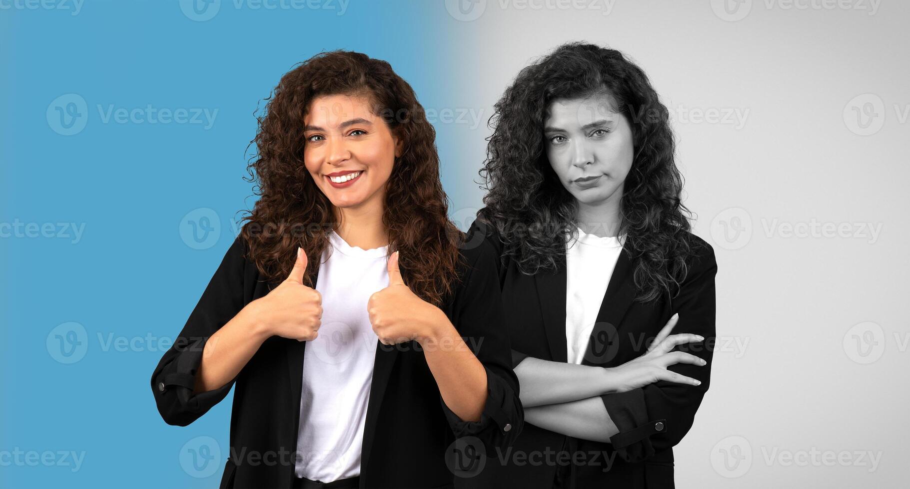 A woman stands confidently, showcasing a bright smile with a thumbs-up gesture on one side, while on the other, she crosses her arms with a serious expression. photo