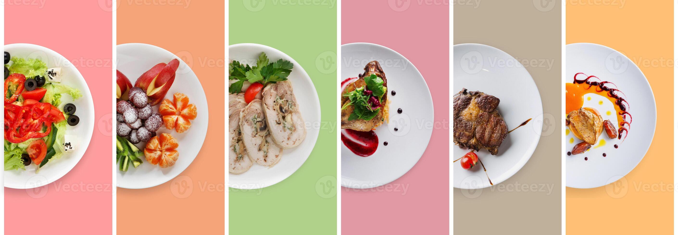 Set of various restaurant meals on colorful background. Collage of different main courses, meat and fish dishes with garnish, salads and desserts, business lunch concept, top view photo
