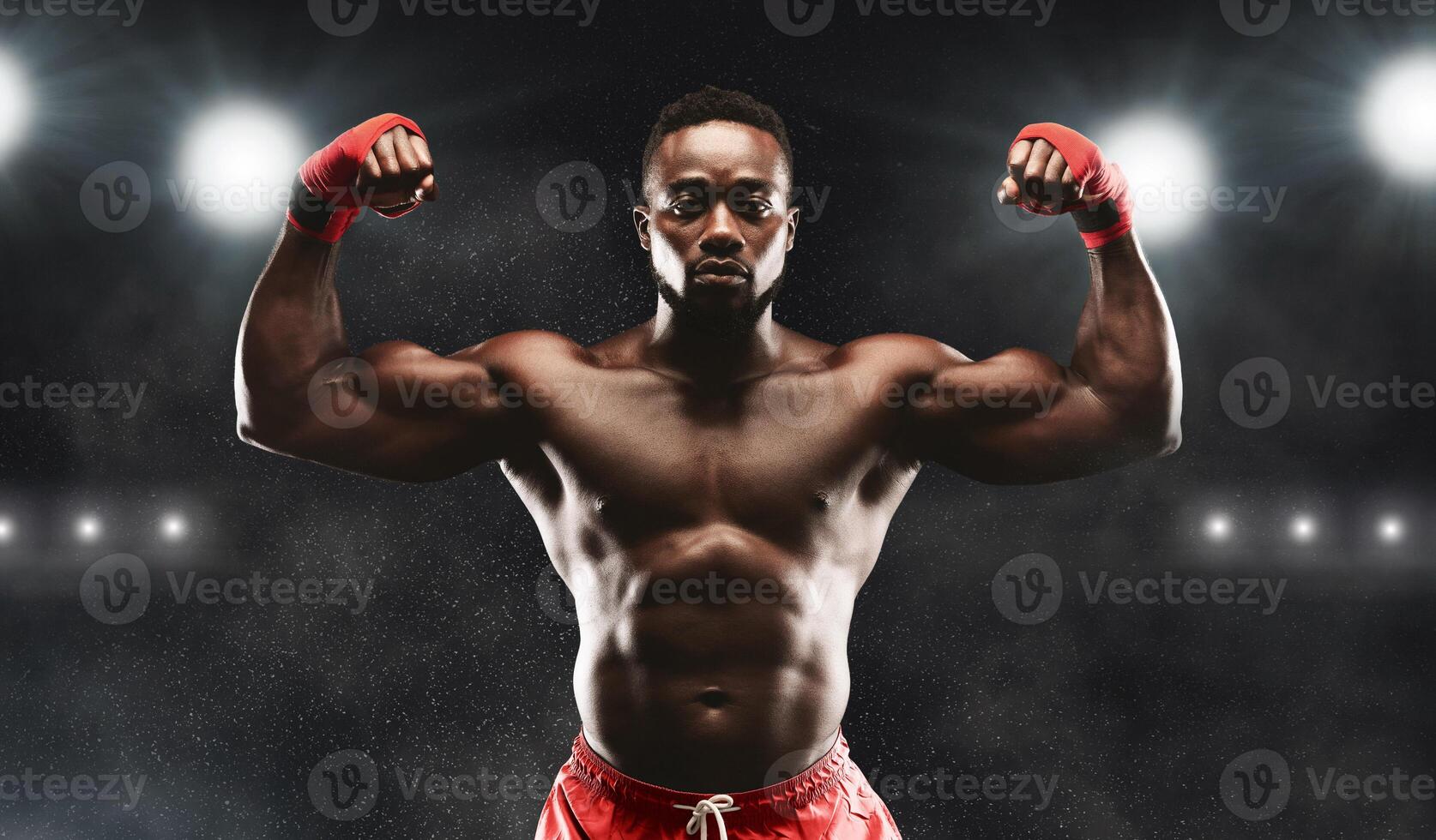 A muscular boxer stands in a stadium, flexing his biceps, with red hand wraps on. photo