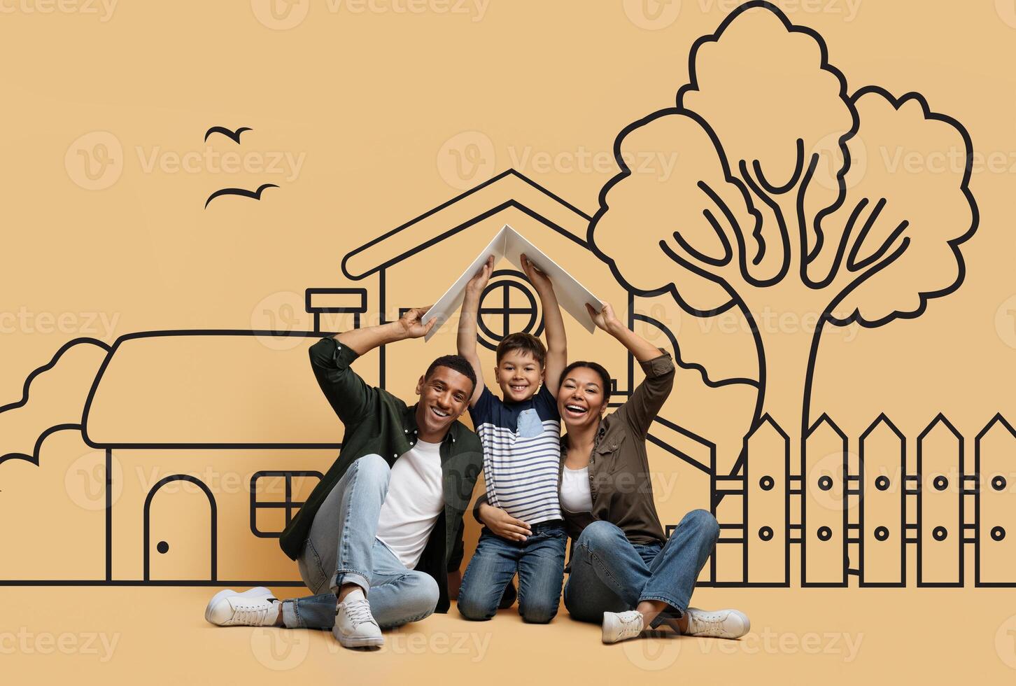 Happy African American family sitting on the ground are gathered in front of a detailed drawing of a house. They appear engaged in conversation or observation of the artwork. photo