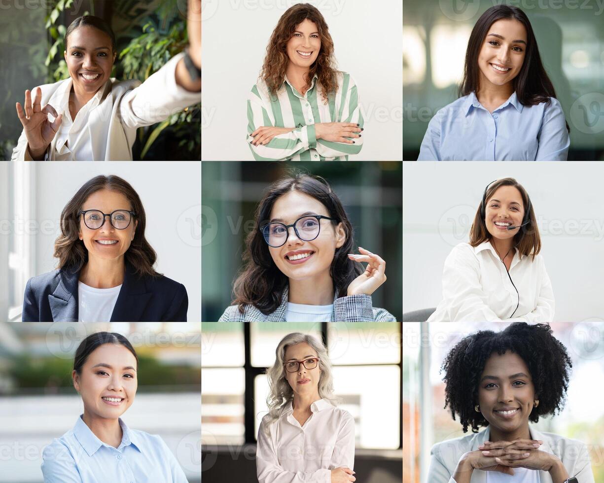 A diverse collection of women smiling and posing for the camera. Each individual showcases confidence and friendliness in a professional environment. The atmosphere is bright and welcoming photo