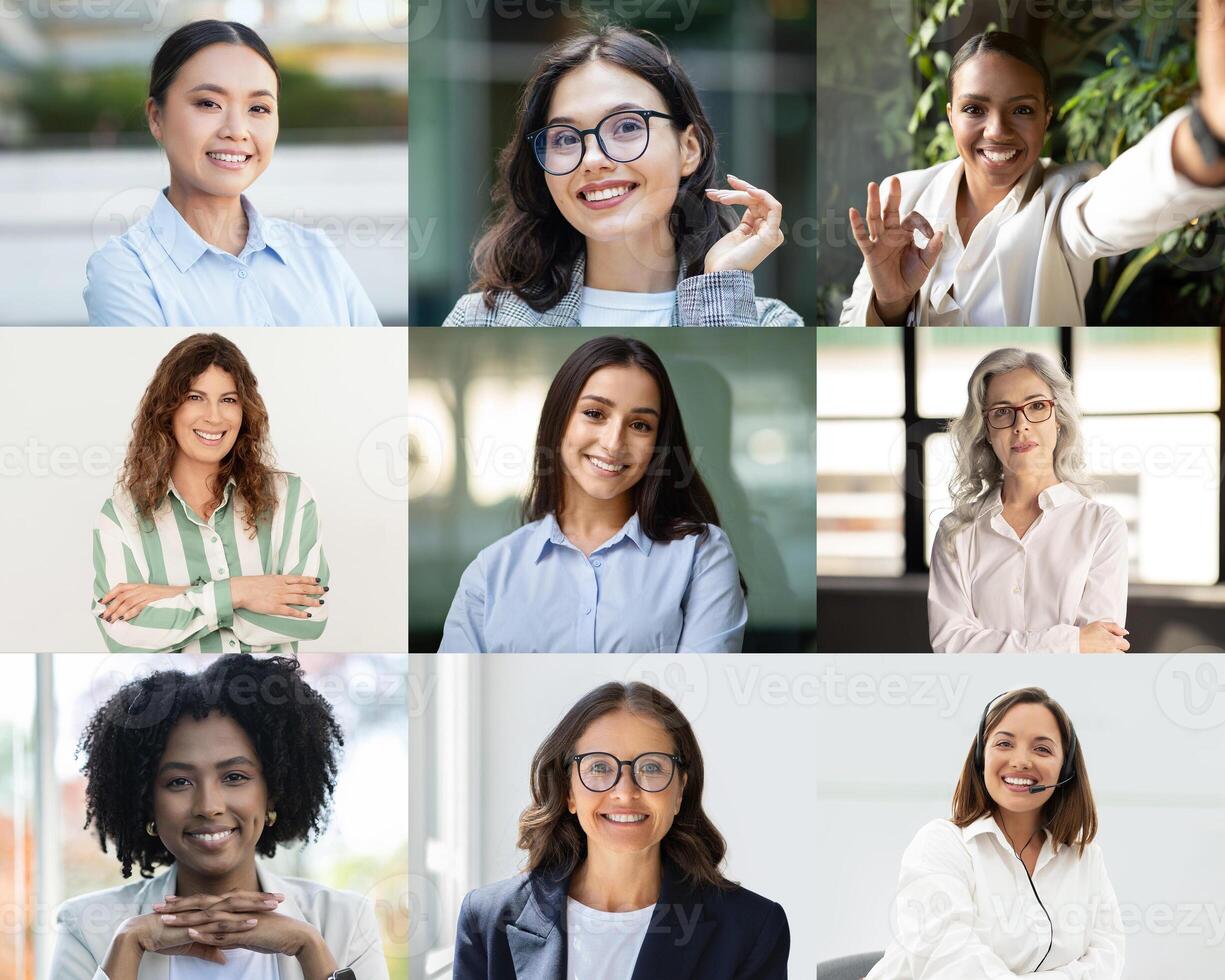 A group of nine women is depicted, showcasing a range of diverse backgrounds and expressions. They are interacting joyfully in various professional environments photo