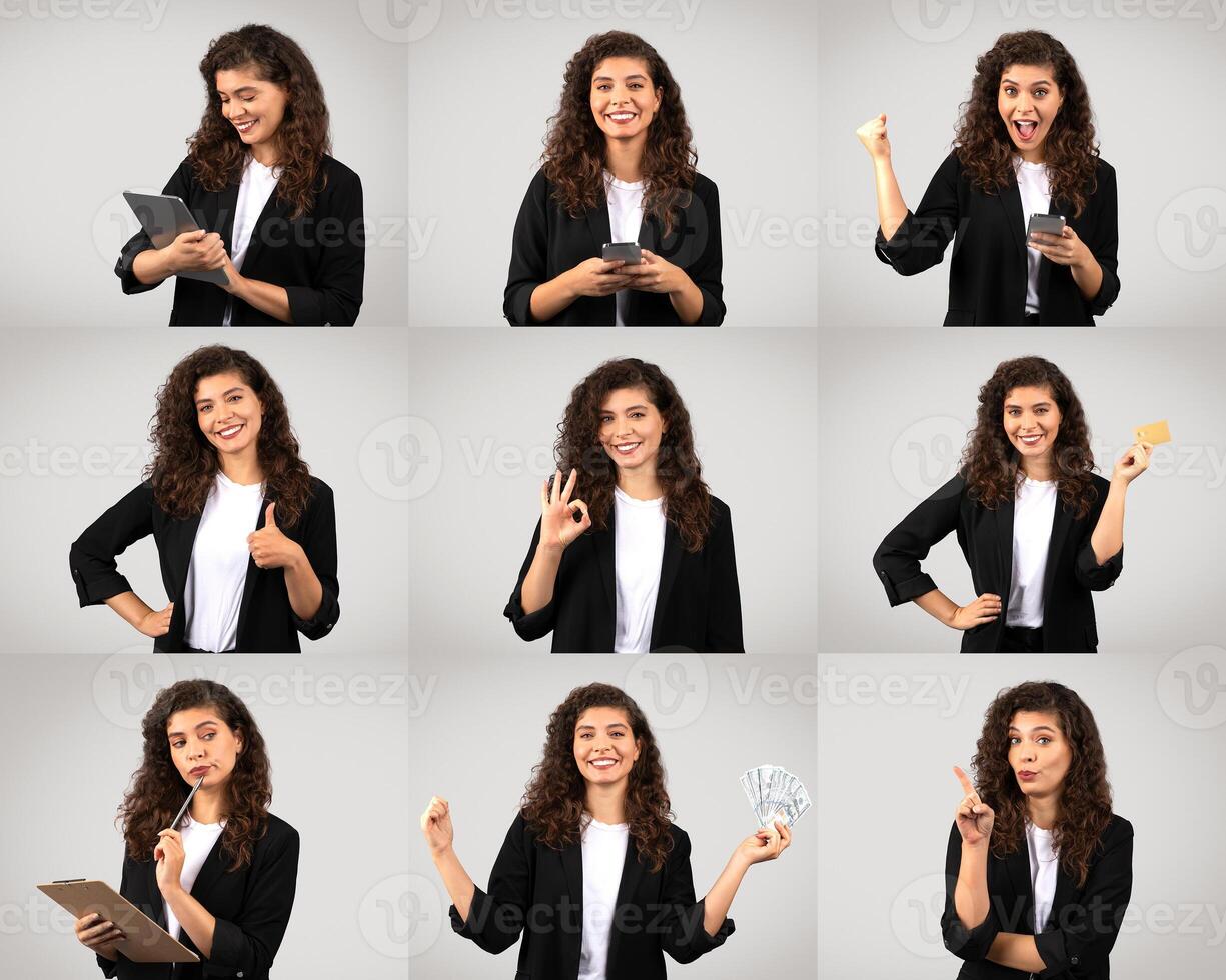 A young woman with curly hair is showcasing a range of expressions and activities in a professional attire. She holds a tablet and smartphone, gestures positively with her hands photo