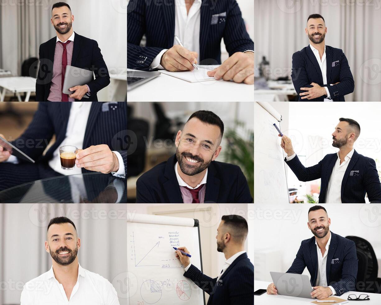 A well-dressed businessman is actively involved in multiple work tasks within a contemporary office environment, showcasing his skills in meetings, presentations, and personal branding. photo